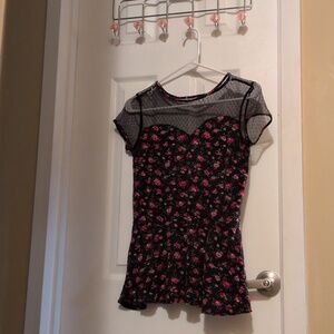 Black Floral Mesh Peplum Top